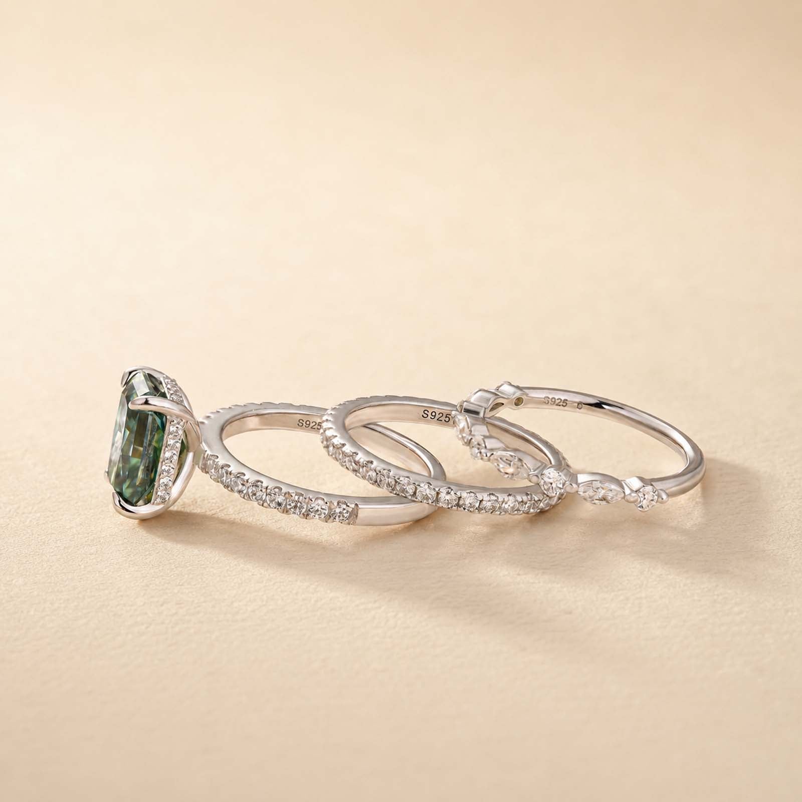 S925 Moissanite 3.5Ct Radiant Cut Green Engagement Ring with Round & Marquise Accents Bands Stackable Ring Set