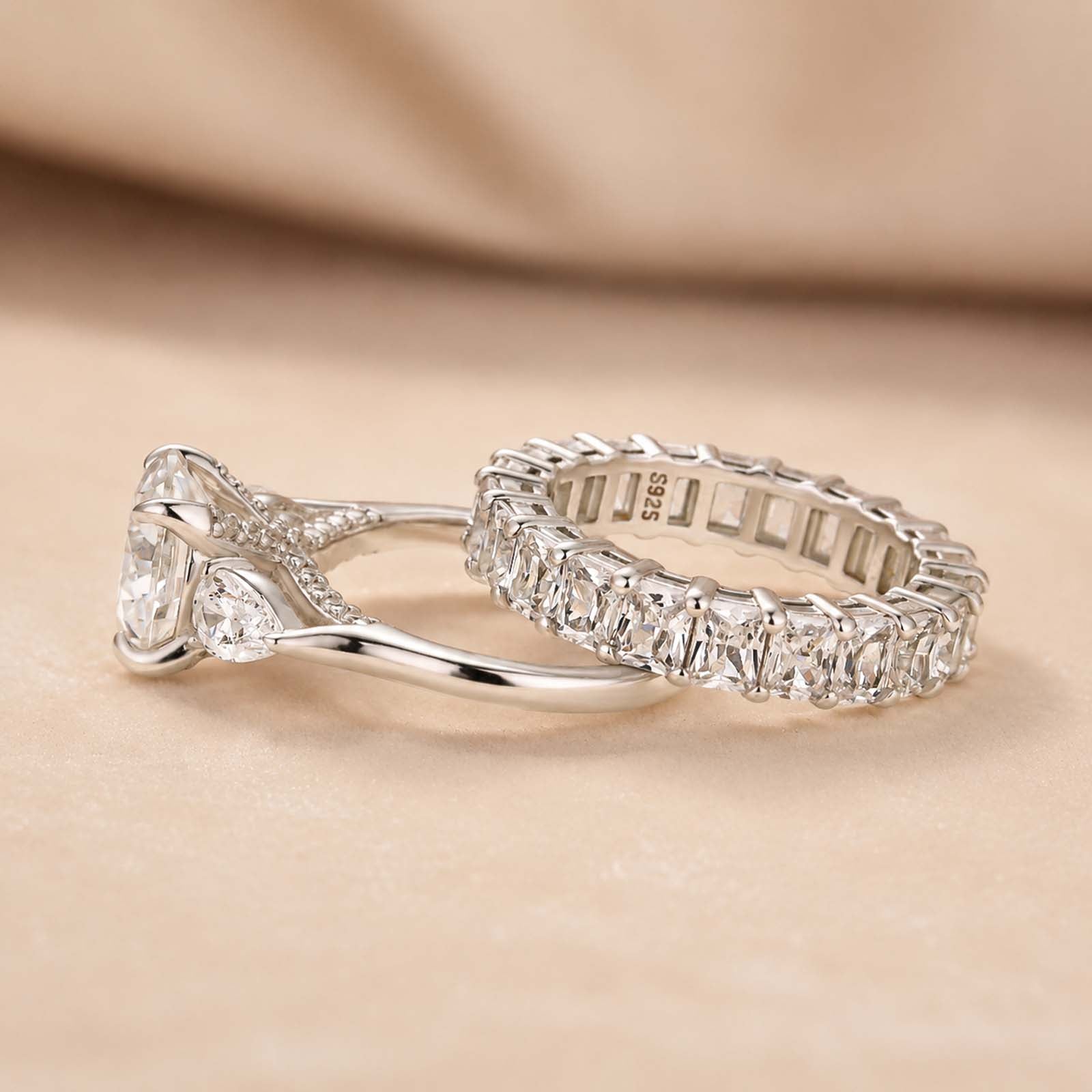 S925 Moissanite 4.0Ct Round Cut Three Stone Stackable Statement Wedding Ring Set Travel Rings