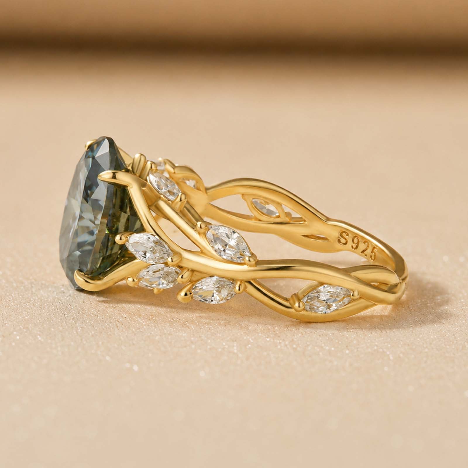 S925 Moissanite 3.5 Oval Vine Green Stone Nature-Inspired Ring For Daily Wear
