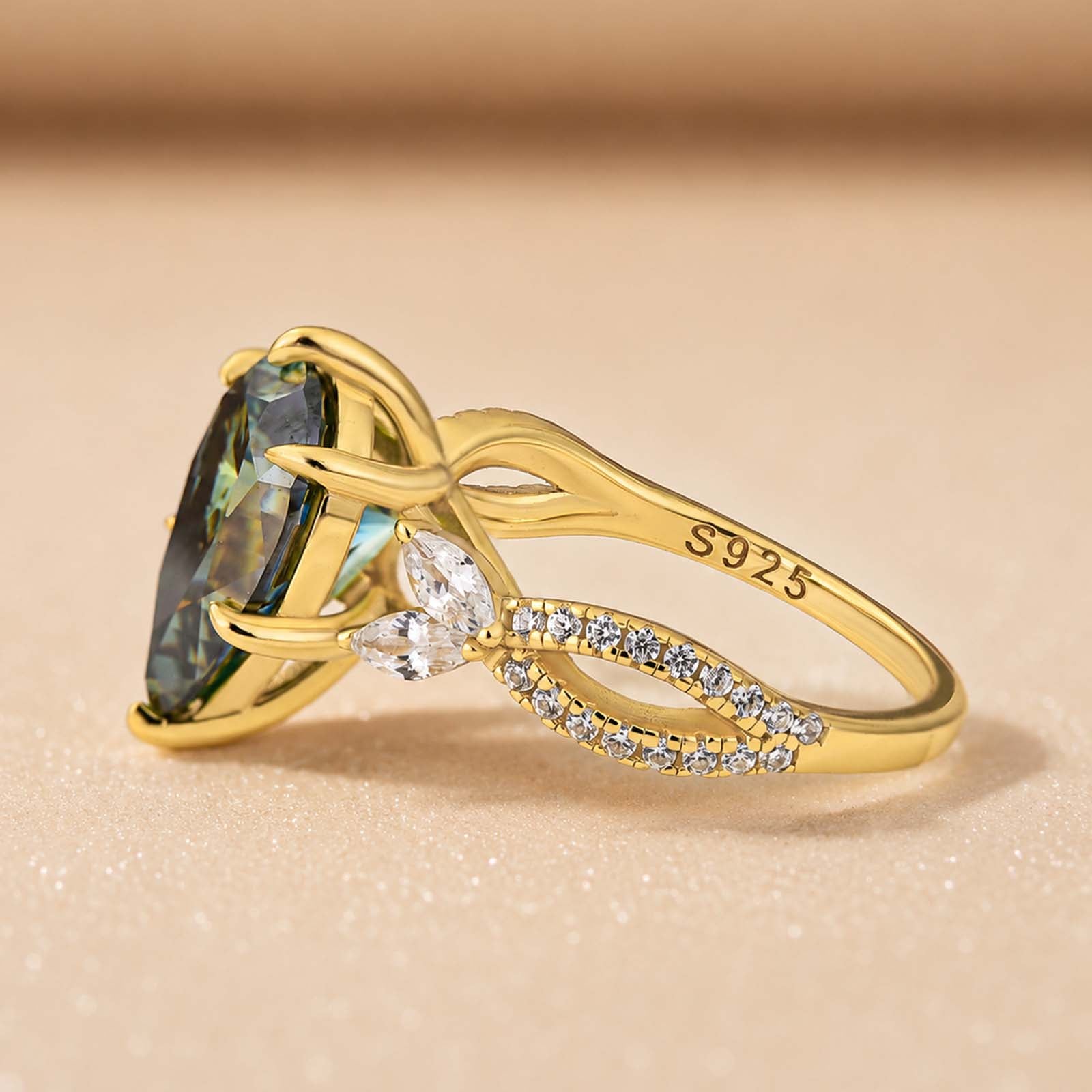S925 Moissanite 3.5Ct Split Shank Floral Green Stone Engagement Ring Everyday Wearable Ring