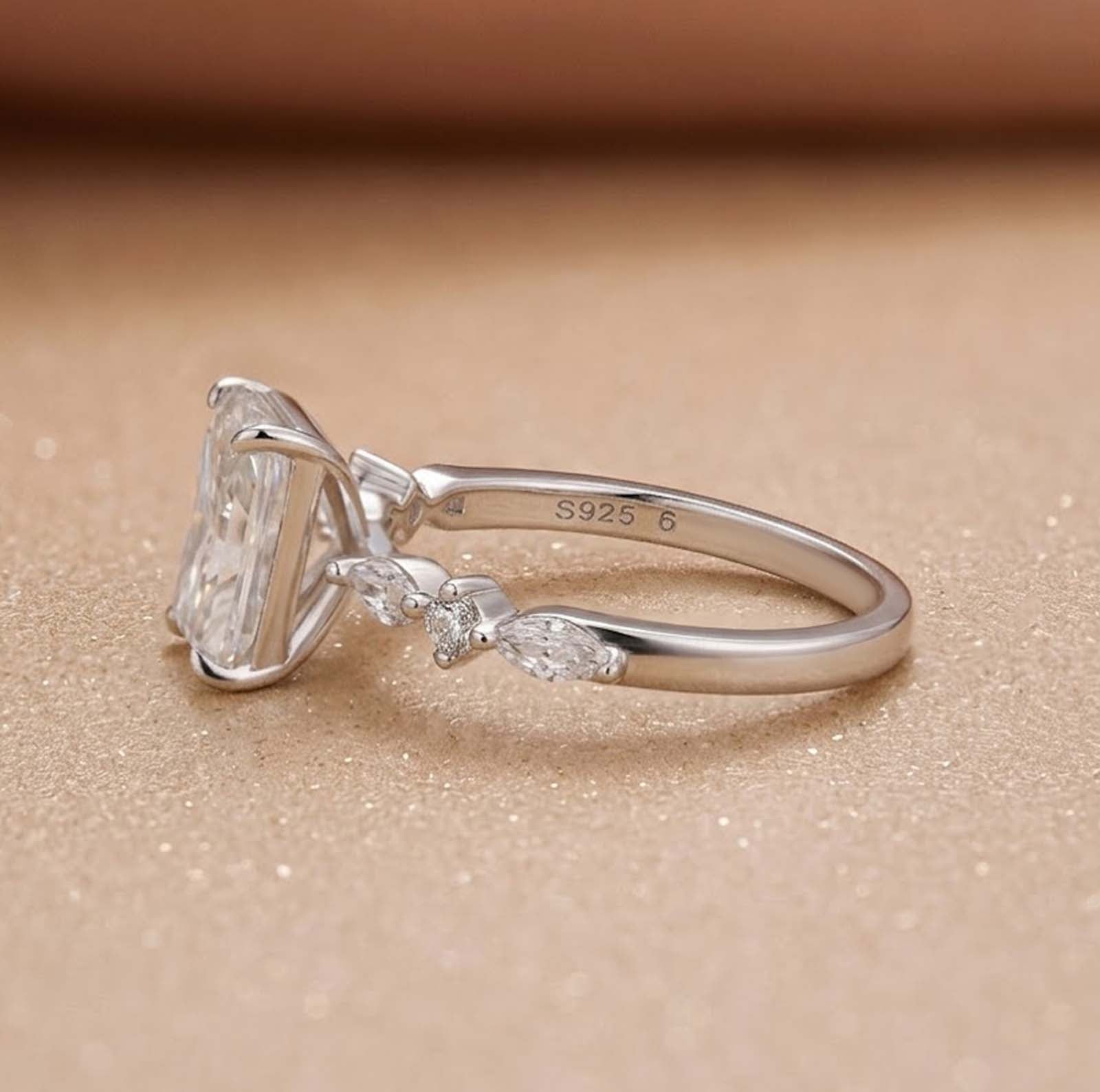 S925 2.5Ct Radiant Cut Engagement Ring Everyday Wearable SideStone Travel Ring