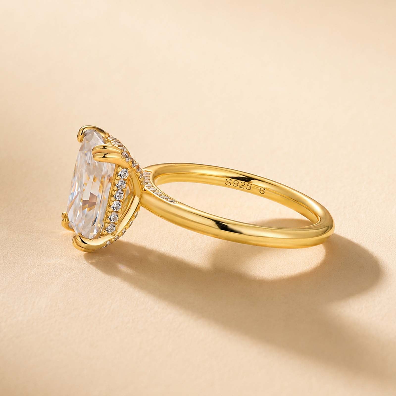 S925 Moissanite 3.5Ct Radiant Cut Hidden Halo Engagement Ring Gold Plated Promise Ring For Women