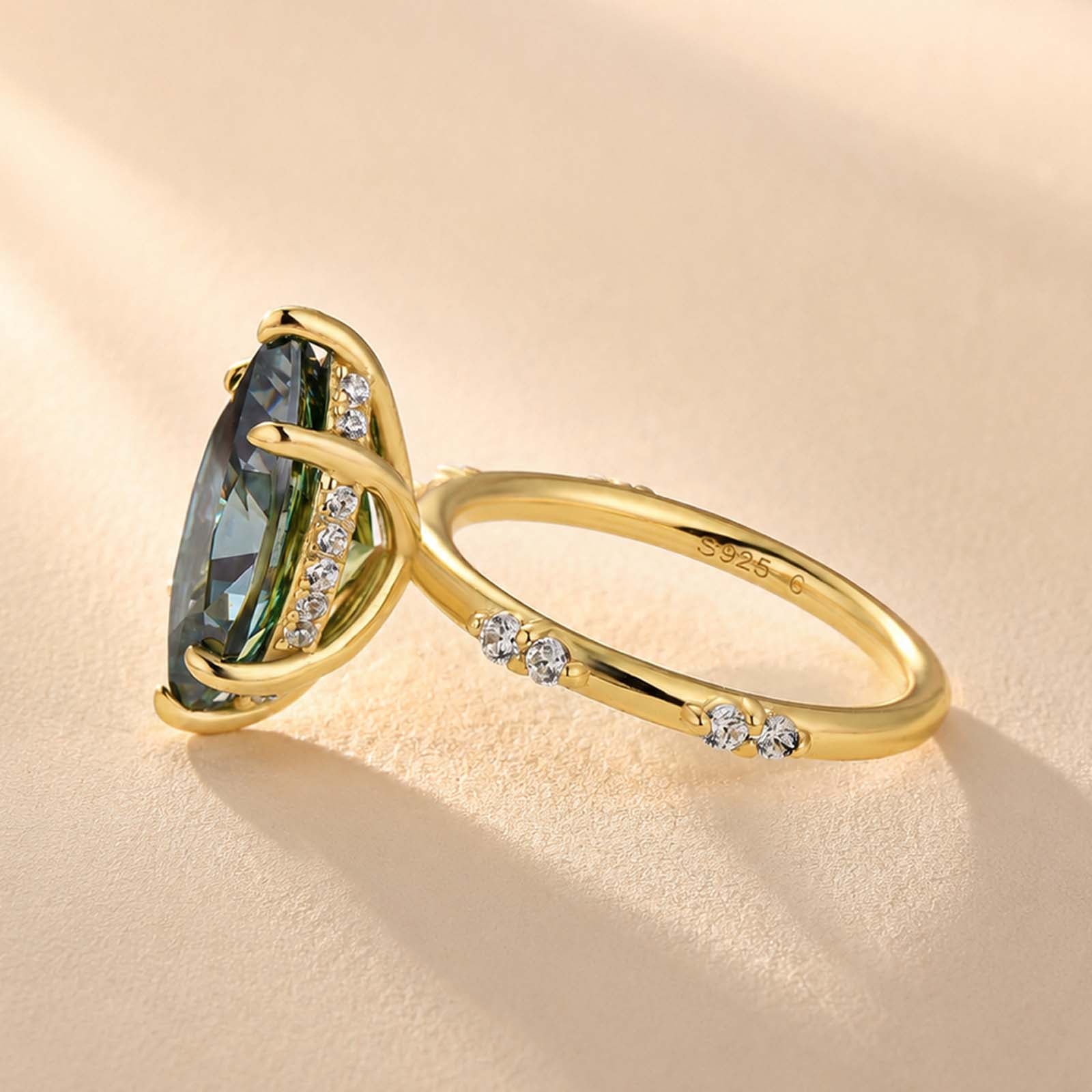 S925 Moissanite 4.0Ct Marquise Cut 18K Yellow Gold Plated Green‑hued Ring For Everyday Wear