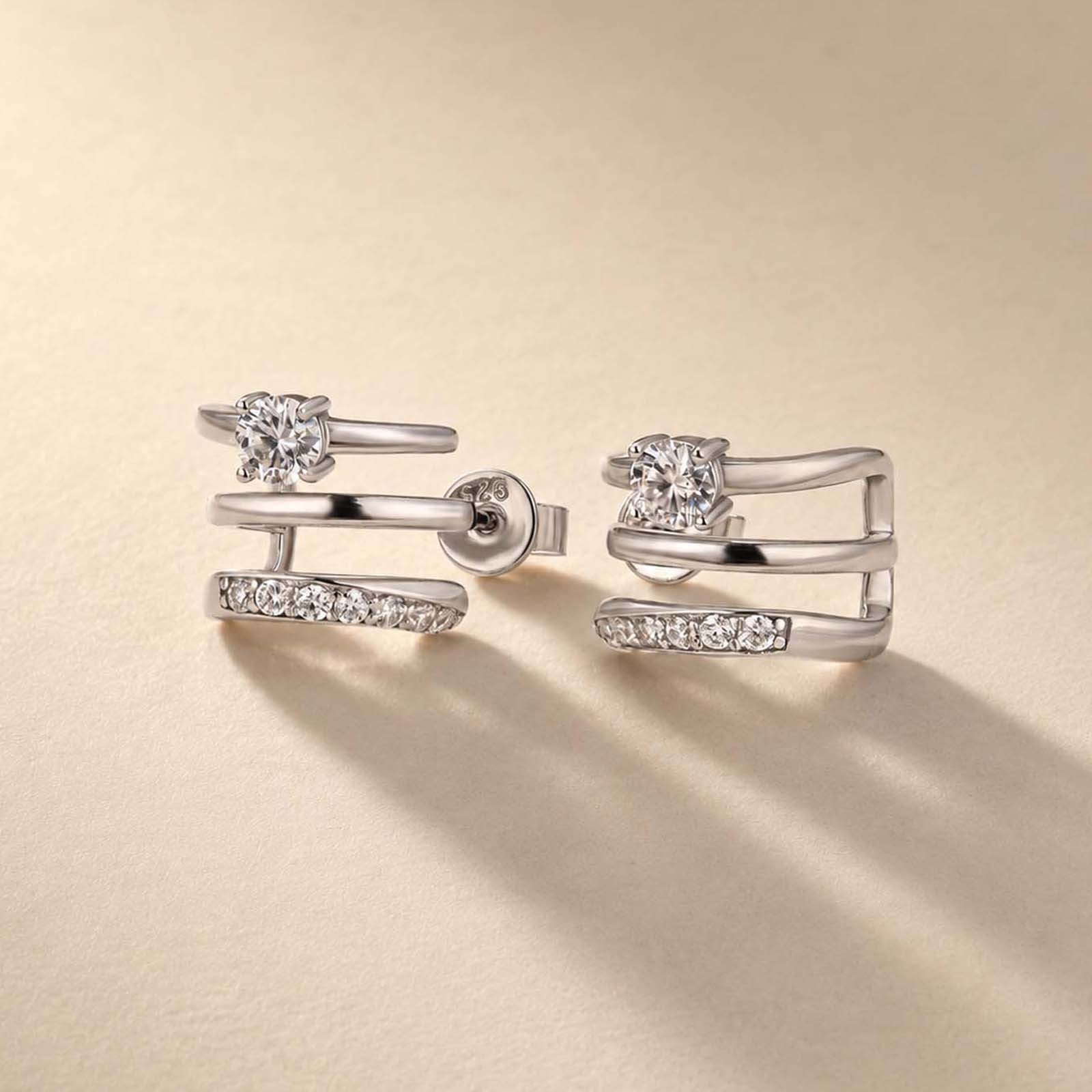 S925 Moissanite 0.1Ct*2pc Round Cut Triple-Band Hoop Earrings Travel Earrings