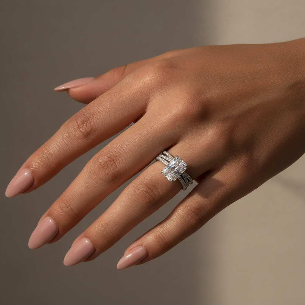 3.5 Ct Radiant Cut White Gold Moissanite Diamond Wedding Ring with Criss Cross Band