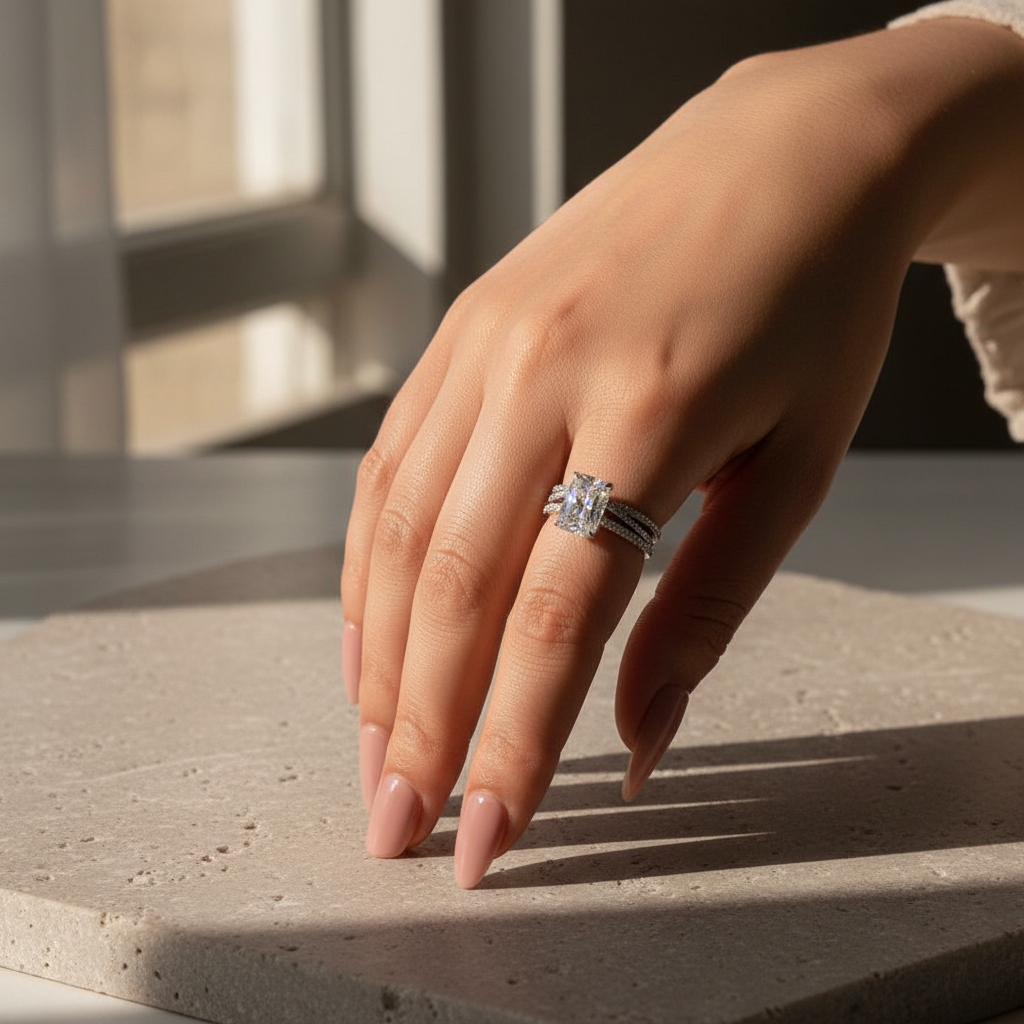 3.5 Ct Radiant Cut White Gold Moissanite Diamond Wedding Ring with Criss Cross Band