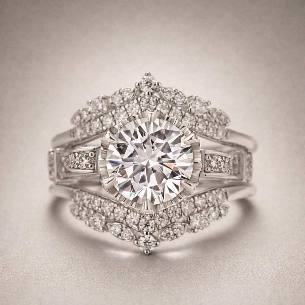 Moissanite 2.0Ct Round Cut Engagement Ring with 1.65Ct Enhancer Wedding Band