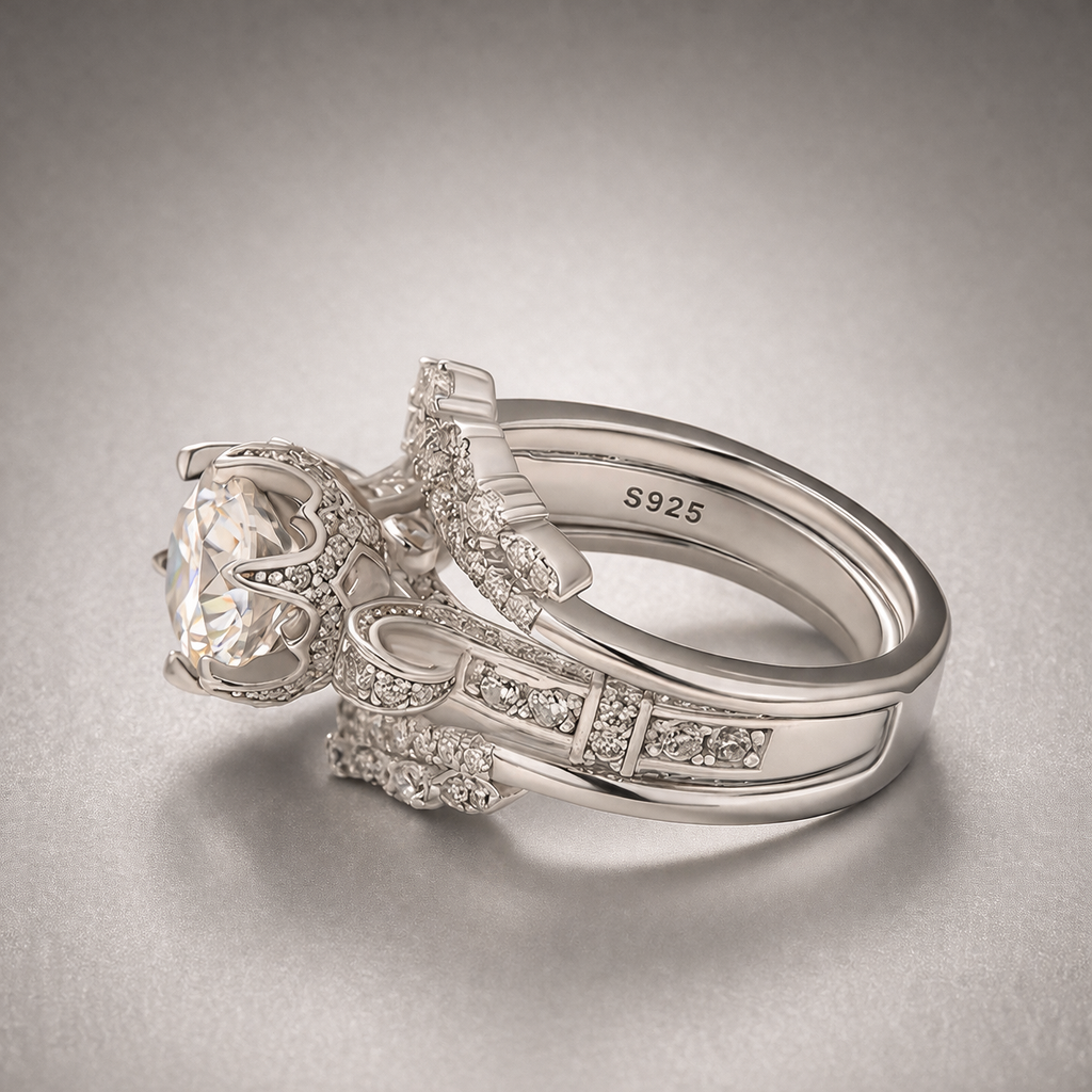 Moissanite 2.0Ct Round Cut Engagement Ring with 1.65Ct Enhancer Wedding Band