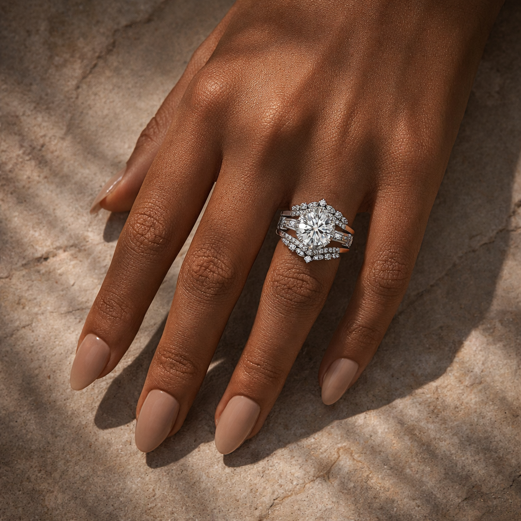 S925 Moissanite 2.0Ct Round Cut Engagement Ring with 1.65Ct Enhancer Wedding Band