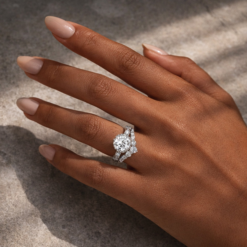 S925 Moissanite 2.0Ct Round Cut Engagement Ring with 0.5Ct Round Wedding Band