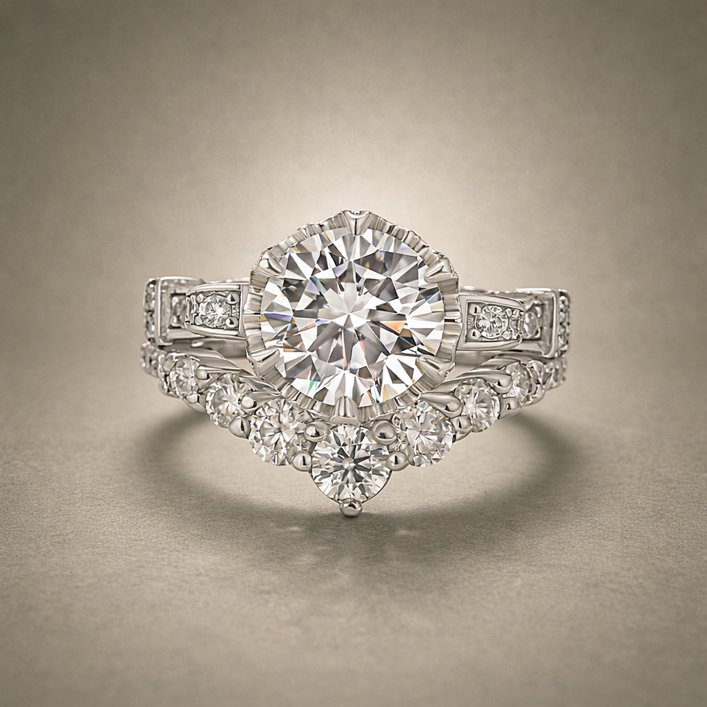 Moissanite 2.0Ct Round Cut Engagement Ring with 0.5Ct Round Wedding Band