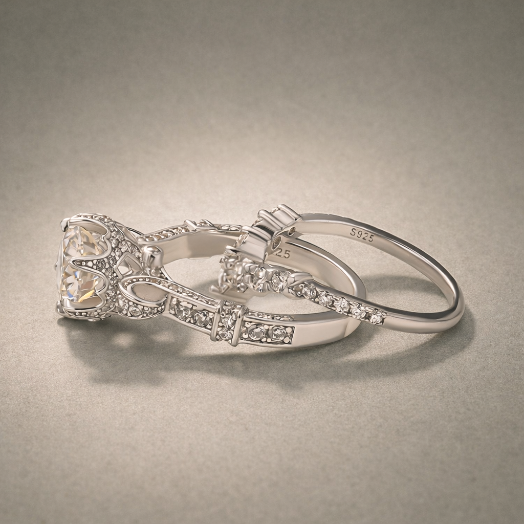 Moissanite 2.0Ct Round Cut Engagement Ring with 0.5Ct Round Wedding Band