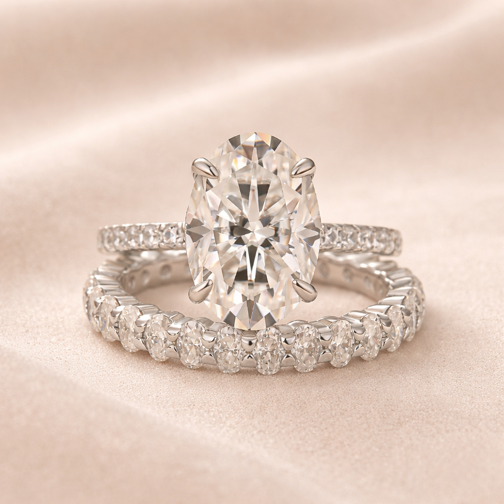 Moissanite 4.0Ct Hidden Halo Oval Cut White Gold Engagement Ring with 3.0Ct Oval Cut Wedding Band