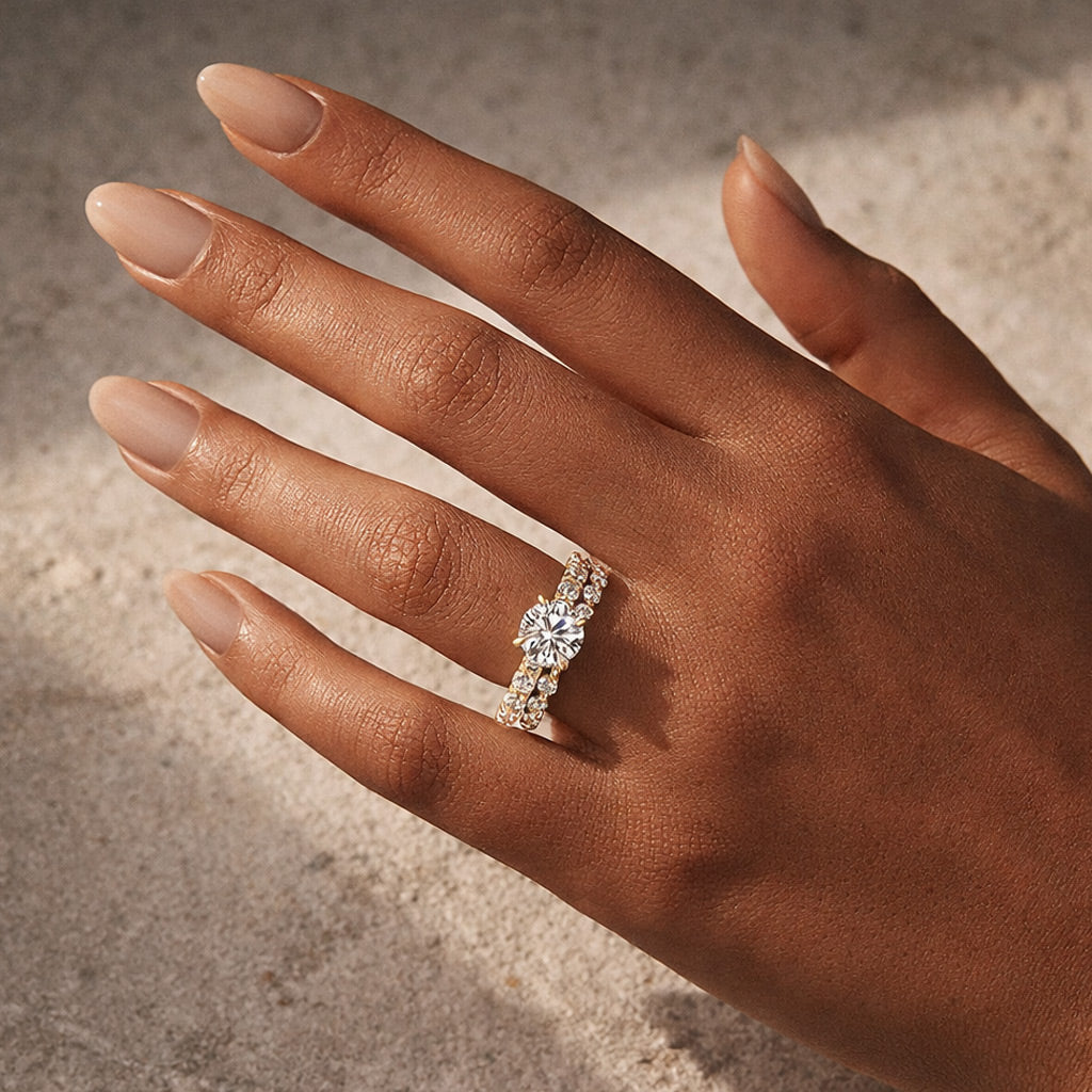 Moissanite 2.0Ct Side Stone Round Cut Yellow Gold Engagement Ring with 1.5Ct Round Cut Wedding Band