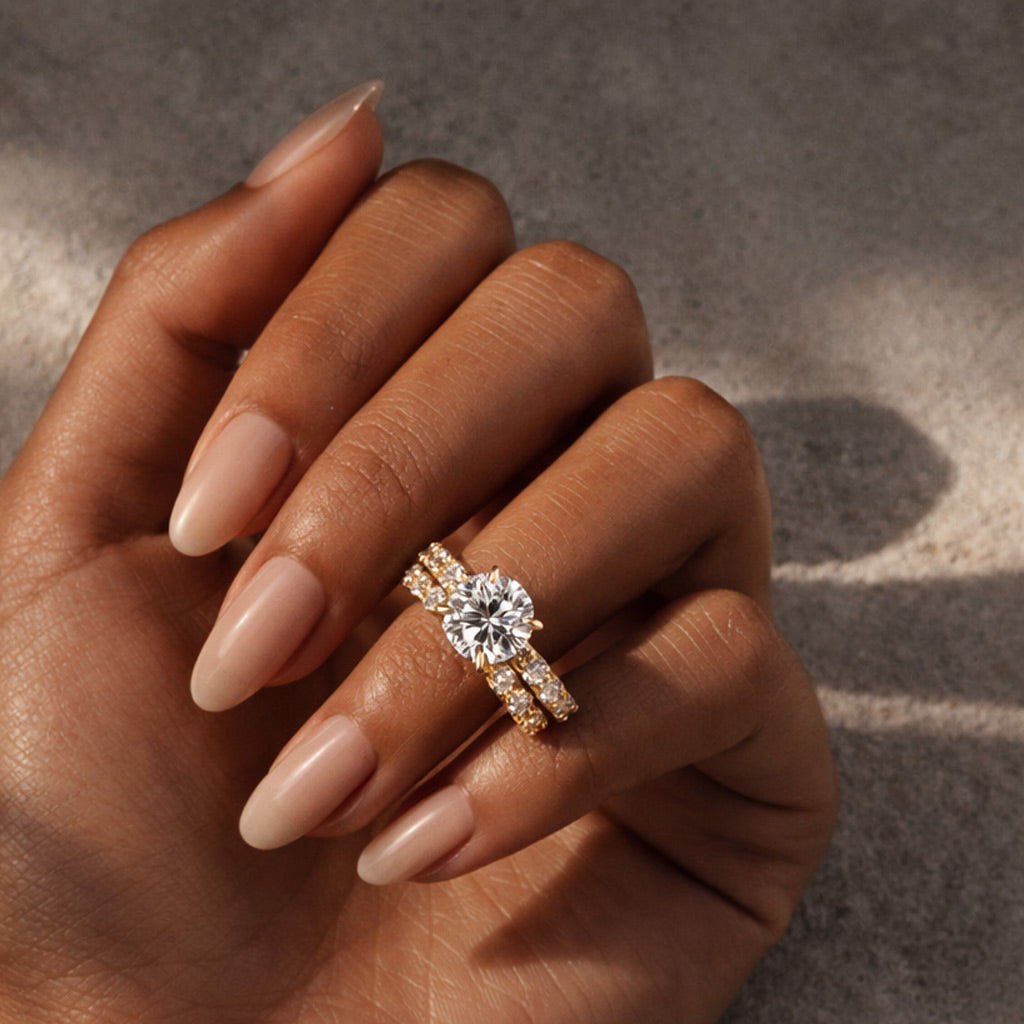 Moissanite 2.0Ct Side Stone Round Cut Yellow Gold Engagement Ring with 1.5Ct Round Cut Wedding Band