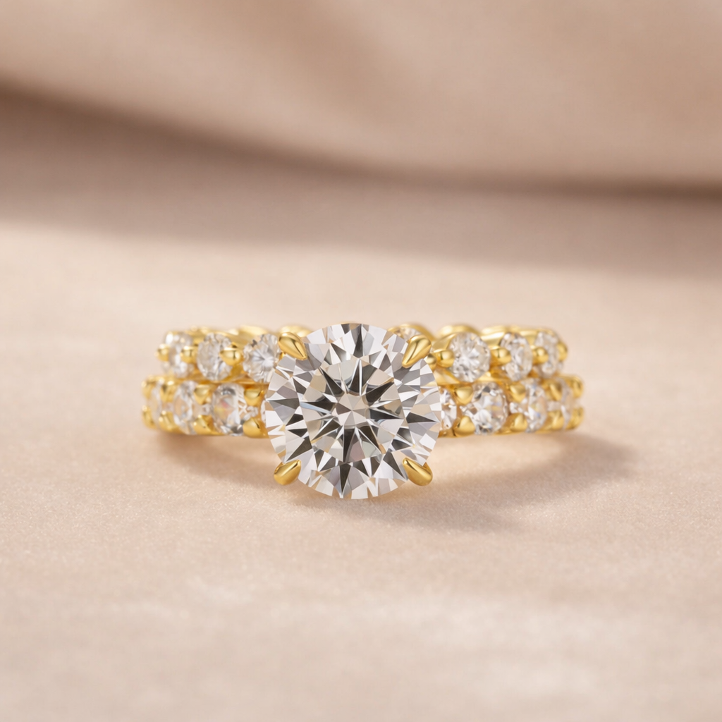 Moissanite 2.0Ct Side Stone Round Cut Yellow Gold Engagement Ring with 1.5Ct Round Cut Wedding Band