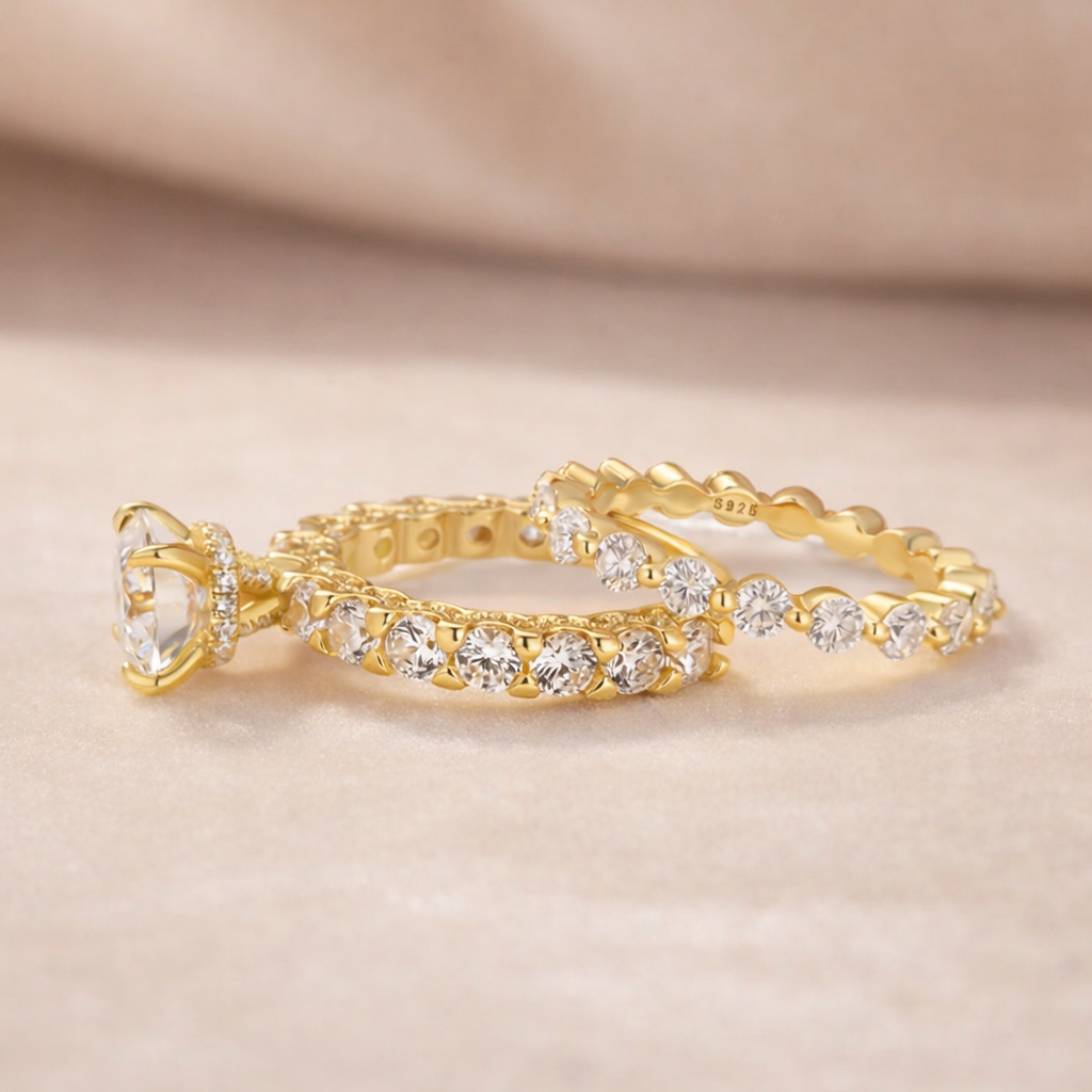 Moissanite 2.0Ct Side Stone Round Cut Yellow Gold Engagement Ring with 1.5Ct Round Cut Wedding Band