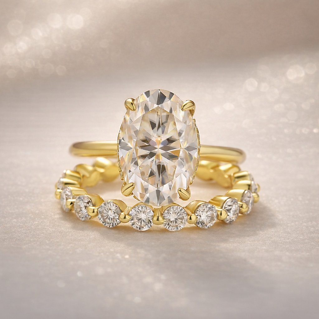 Moissanite 4.0Ct Hidden Halo Oval Cut Yellow Gold Engagement Ring with 1.5Ct Round Cut Wedding Band