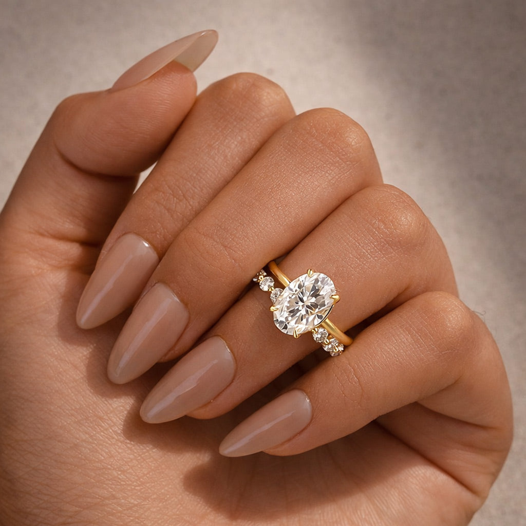 Moissanite 4.0Ct Hidden Halo Oval Cut Yellow Gold Engagement Ring with 1.5Ct Round Cut Wedding Band