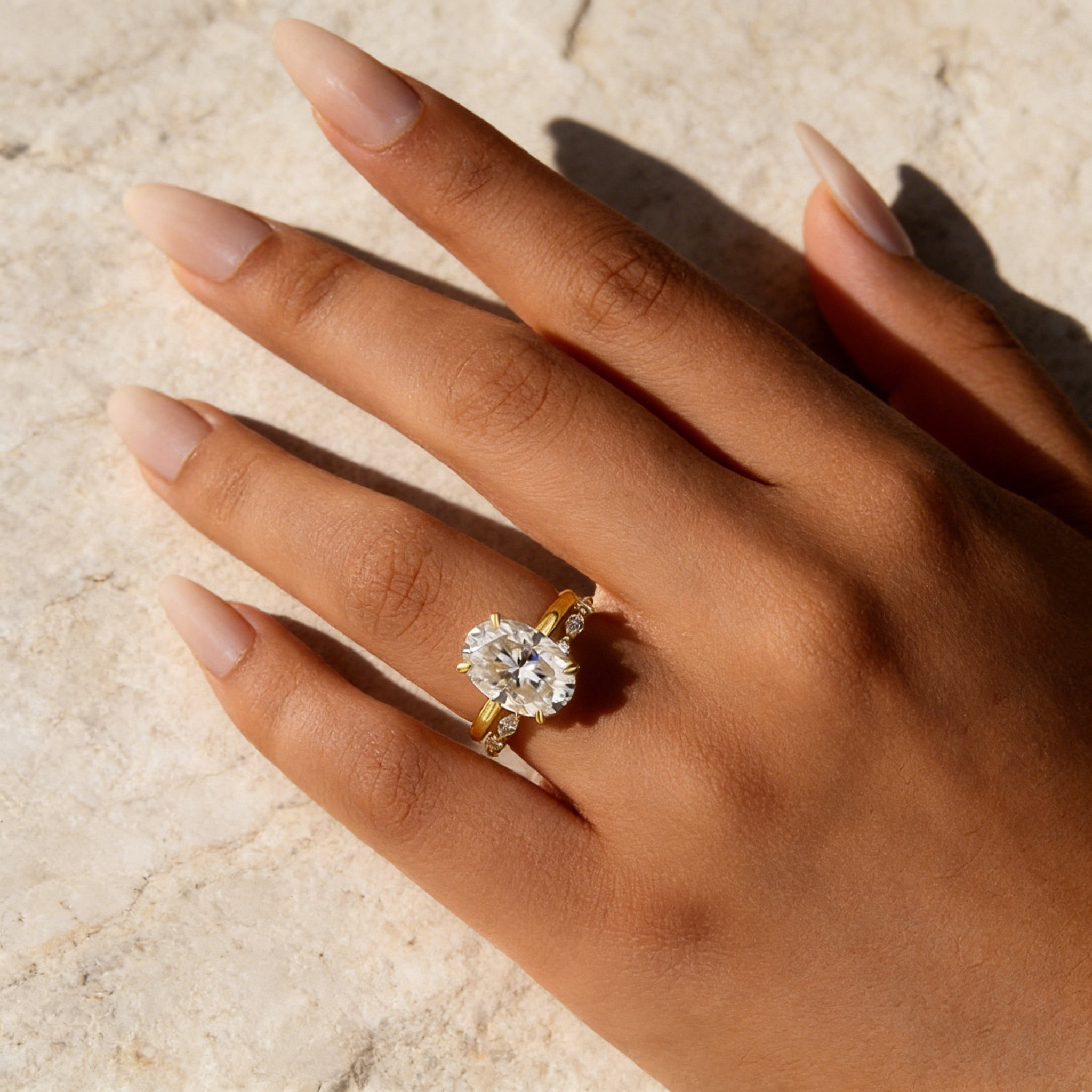 Moissanite 5.5Ct Solitaire Oval Cut Yellow Gold Engagement Ring with Marquise& Oval Cut Wedding Band