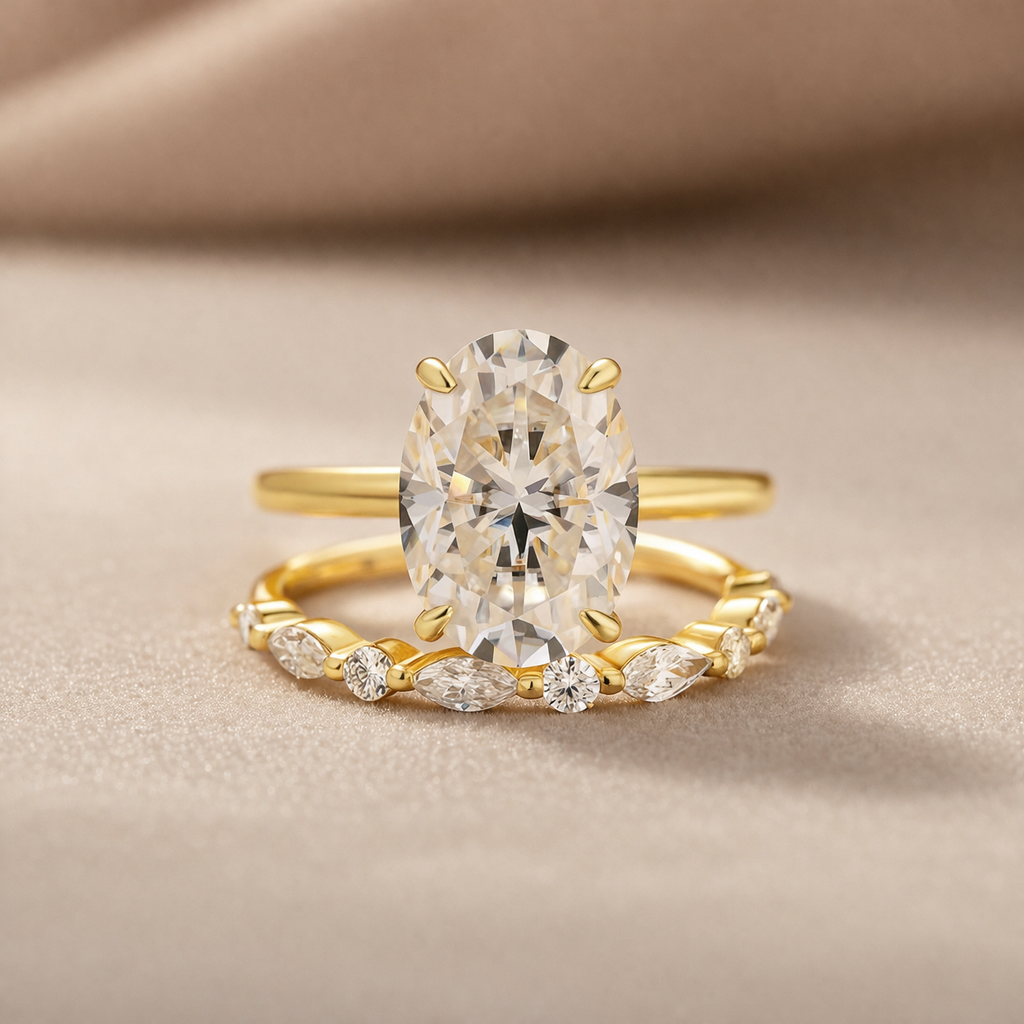Moissanite 5.5Ct Solitaire Oval Cut Yellow Gold Engagement Ring with Marquise& Oval Cut Wedding Band