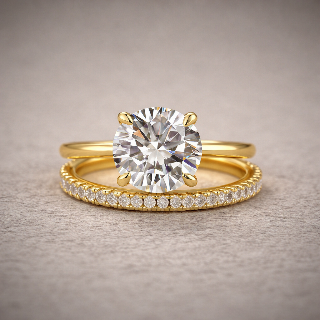 Moissanite 4.0Ct Solitaire Round Cut Yellow Gold Engagement Ring with Eternity Thin Wedding Band