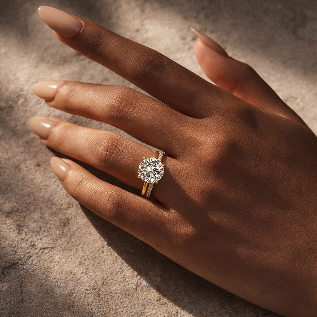 Moissanite 4.0Ct Solitaire Round Cut Yellow Gold Engagement Ring with Eternity Thin Wedding Band