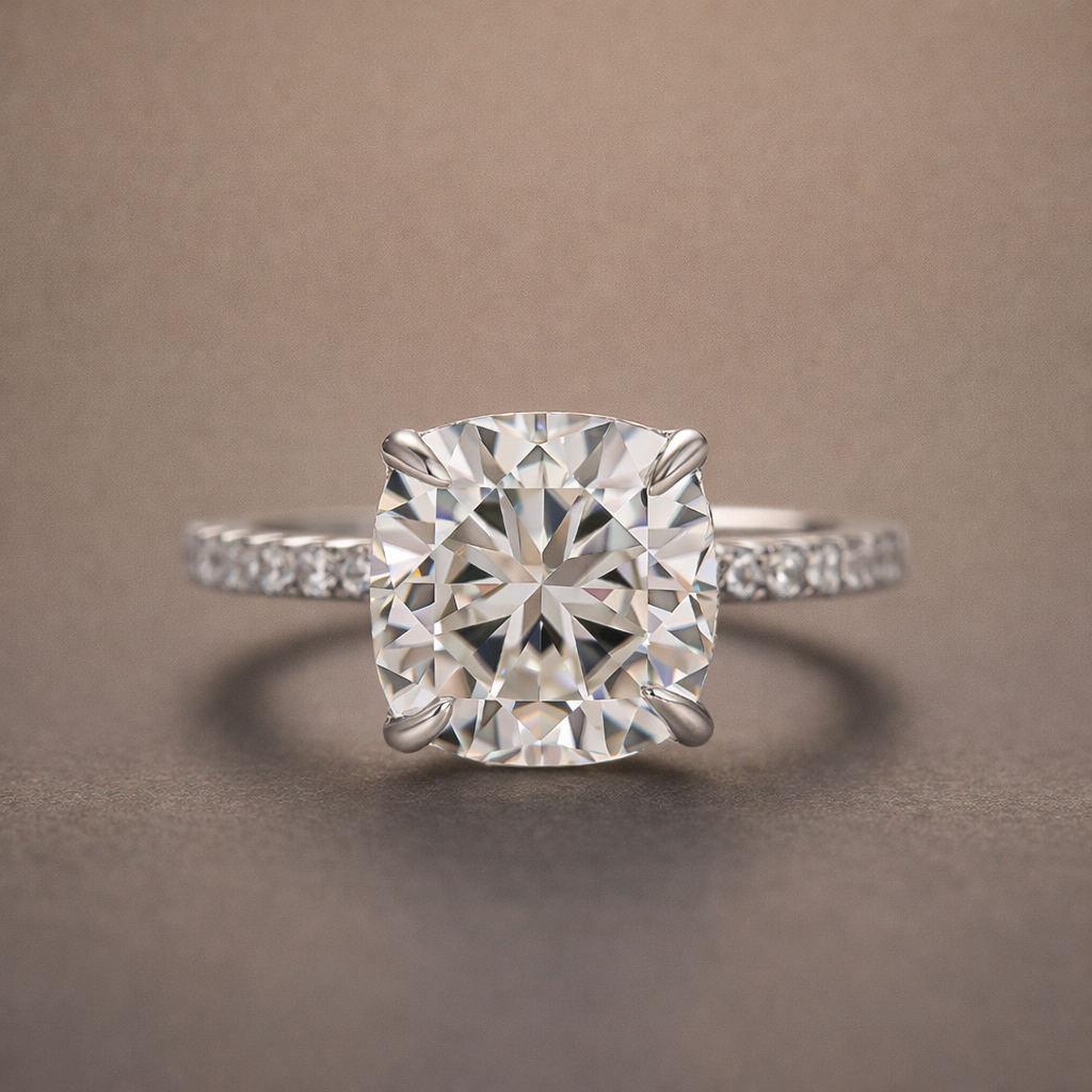 S925 Moissanite 3.5Ct Cushion Cut Hidden Halo Engagement Ring in Sterling Silver