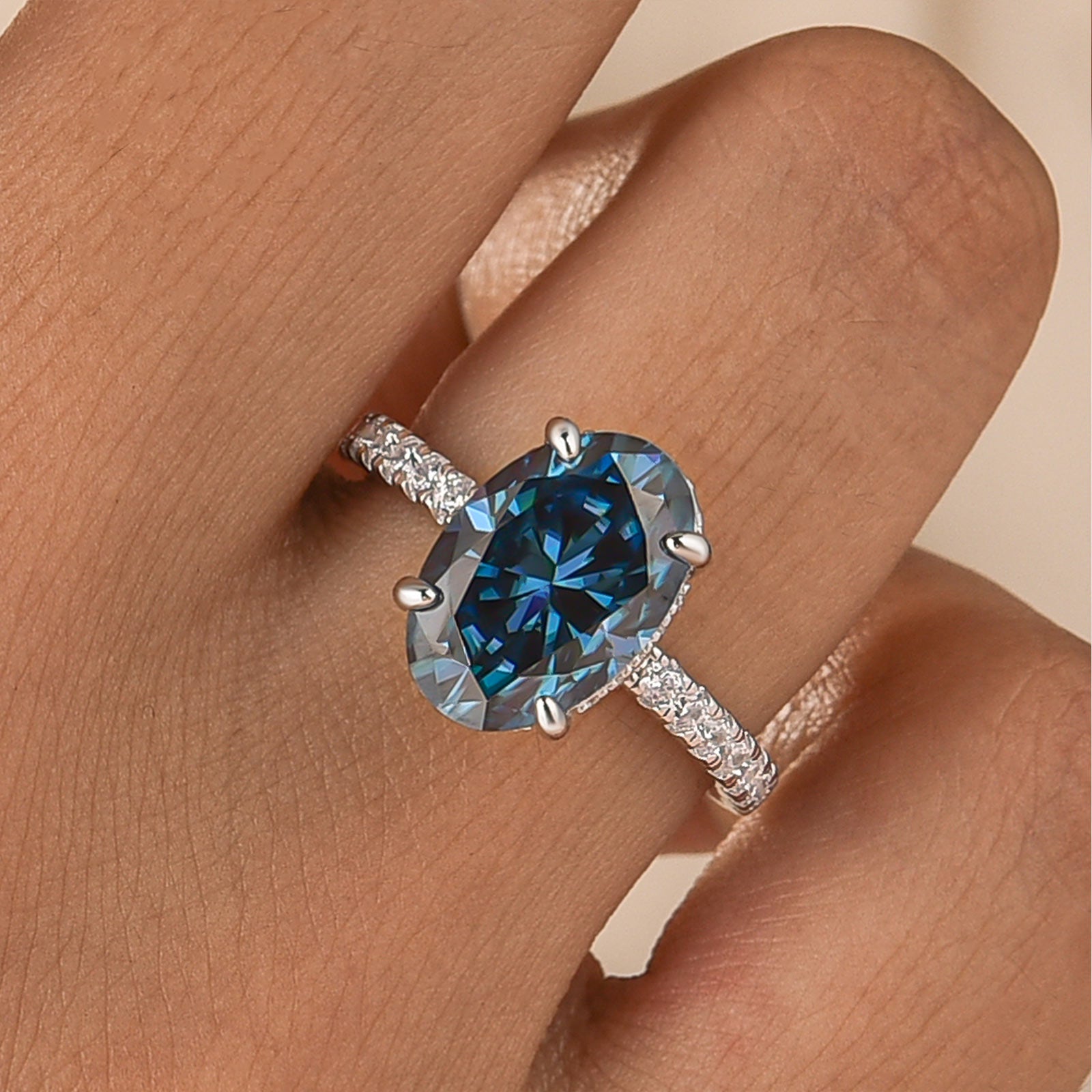Moissanite 4.0Ct Oval Cut Turquoise/Blue Stone Hidden Halo Engagement Ring in Sterling Silver