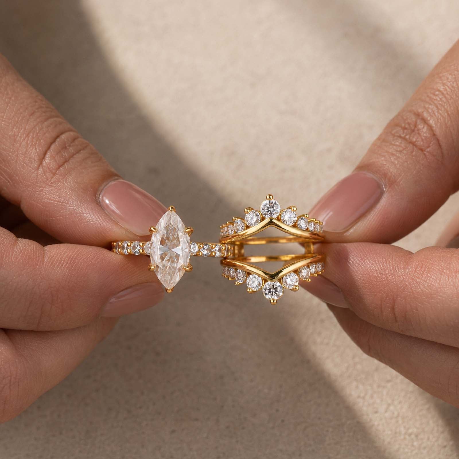 S925 Moissanite 3.0 Ct Marquise Cut Enhancer Ring Set In 18K Yellow Gold Plated Sterling Silver