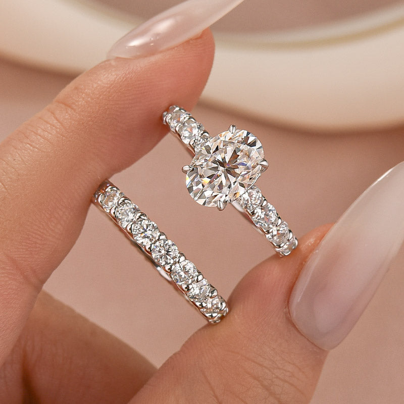 S925 Moissanite 3.0Ct Oval Cut Side Stone White Gold Engagement Ring & 2.5Ct Pavé Eternity Ring For Everyday Wear