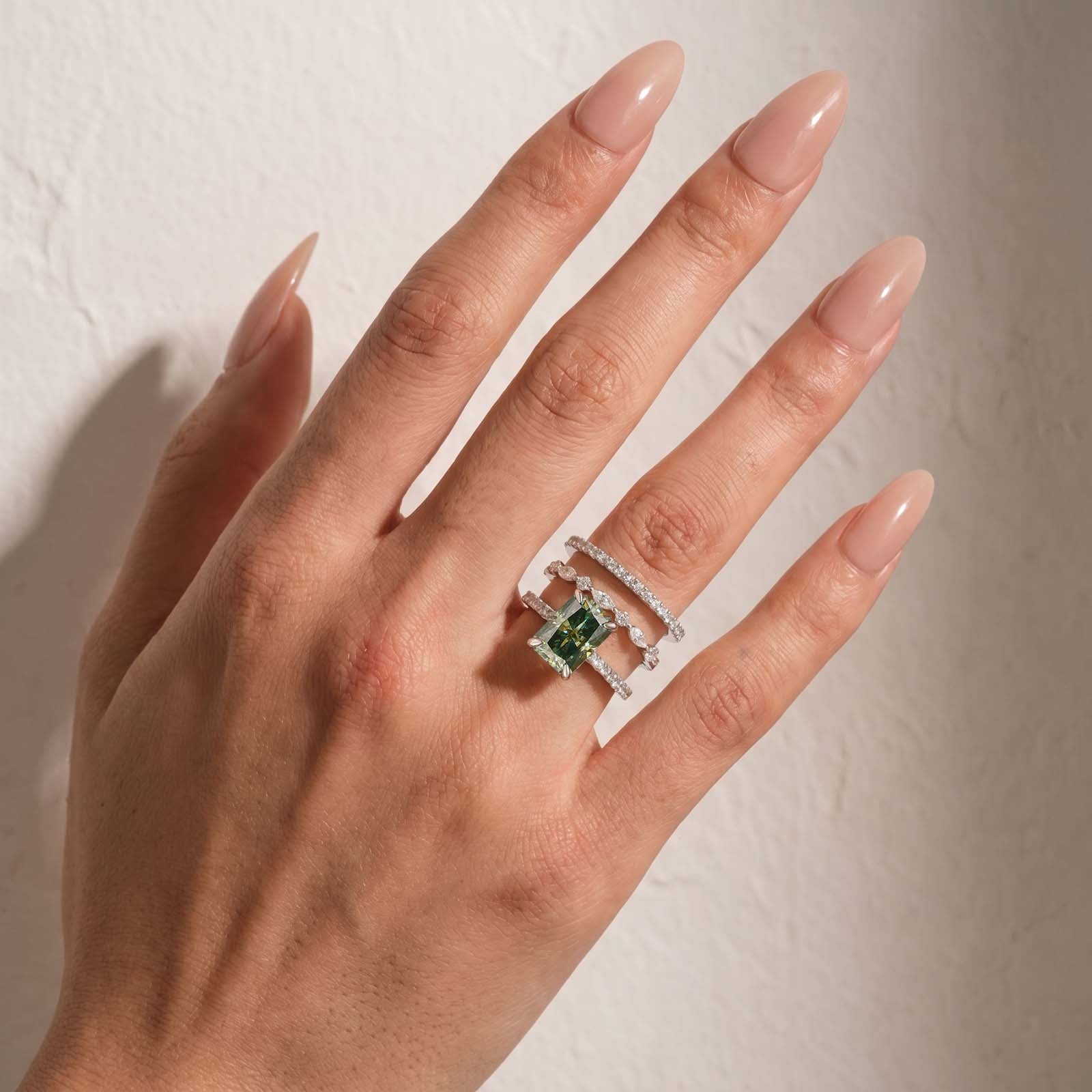 S925 Moissanite 3.5Ct Radiant Cut Green Engagement Ring with Round & Marquise Accents Bands Stackable Ring Set