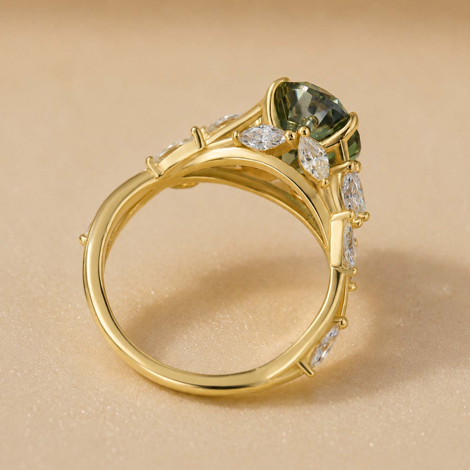 S925 Moissanite 3.5 Oval Vine Green Stone Nature-Inspired Ring For Daily Wear