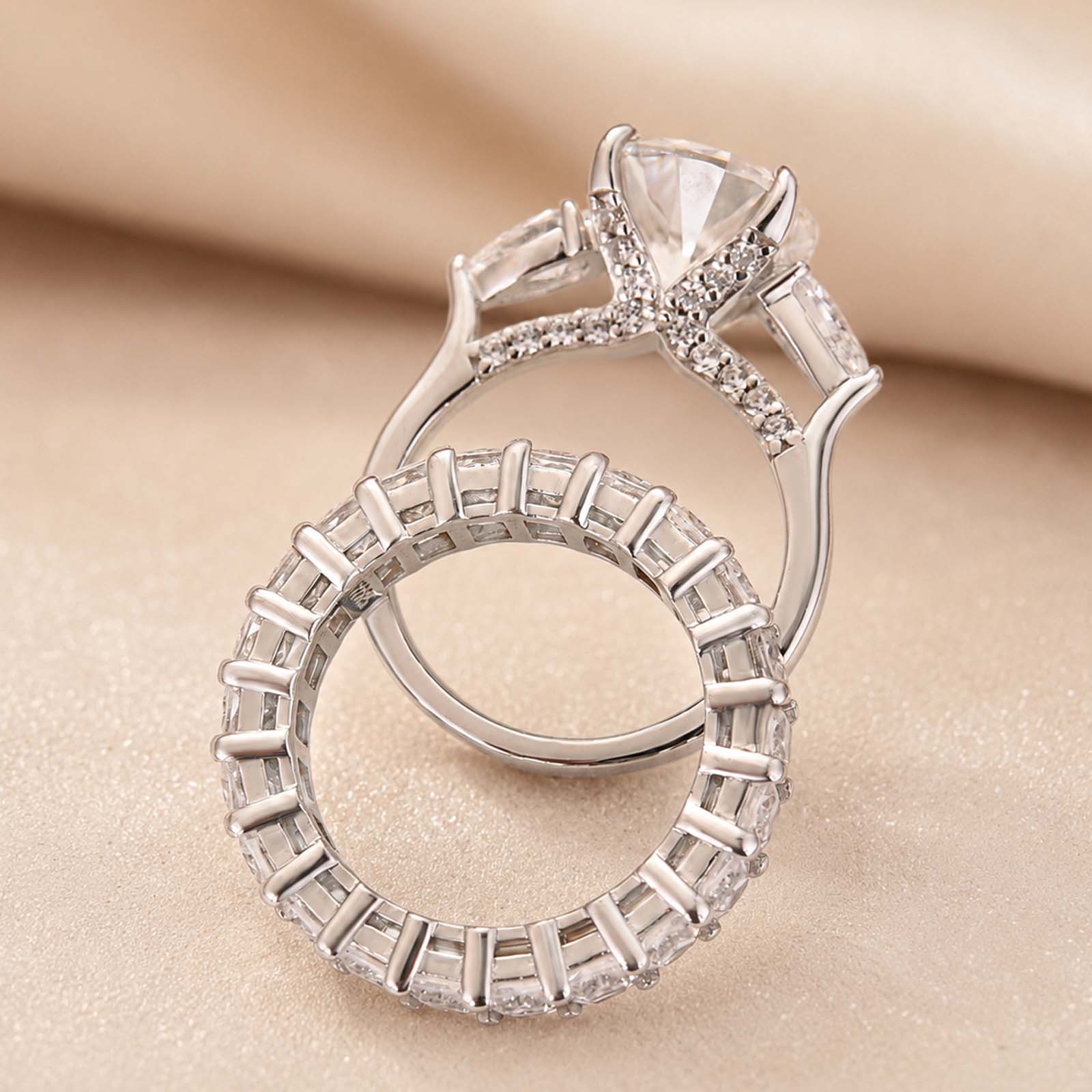 S925 Moissanite 4.0Ct Round Cut Three Stone Stackable Statement Wedding Ring Set Travel Rings