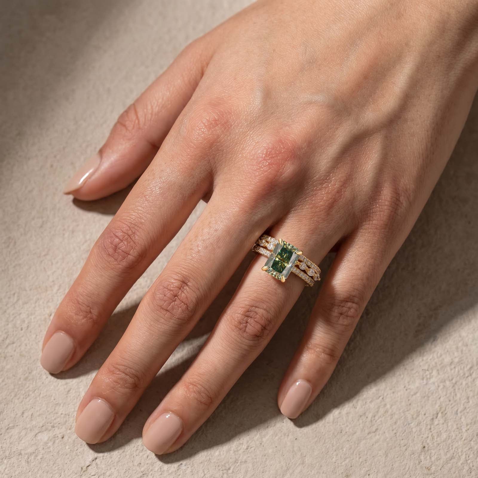 S925 Moissanite 3.5Ct Radiant Cut Green Engagement Ring with Round & Marquise Accents Bands Stackable Ring Set