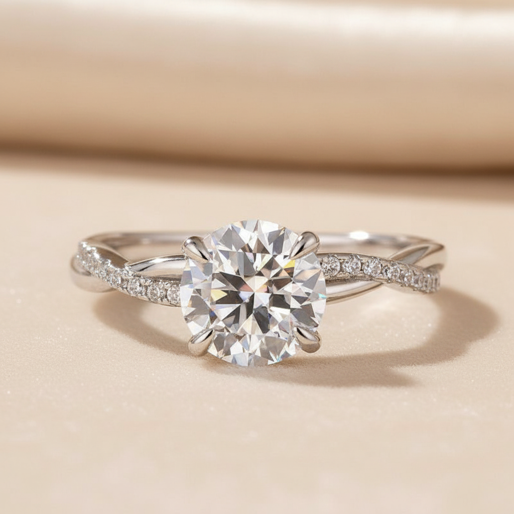 Gelovely Moissanite 1.2Ct/2.0 Ct Round Cut Twist White Gold Pave Promise Bridal Ring