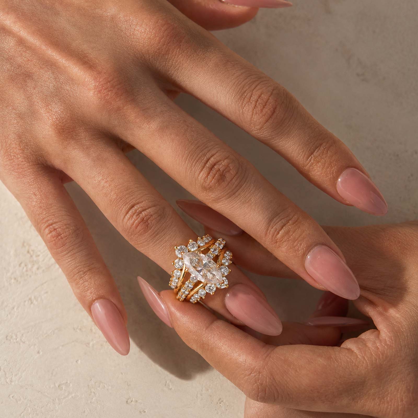 S925 Moissanite 3.0 Ct Marquise Cut Enhancer Ring Set In 18K Yellow Gold Plated Sterling Silver