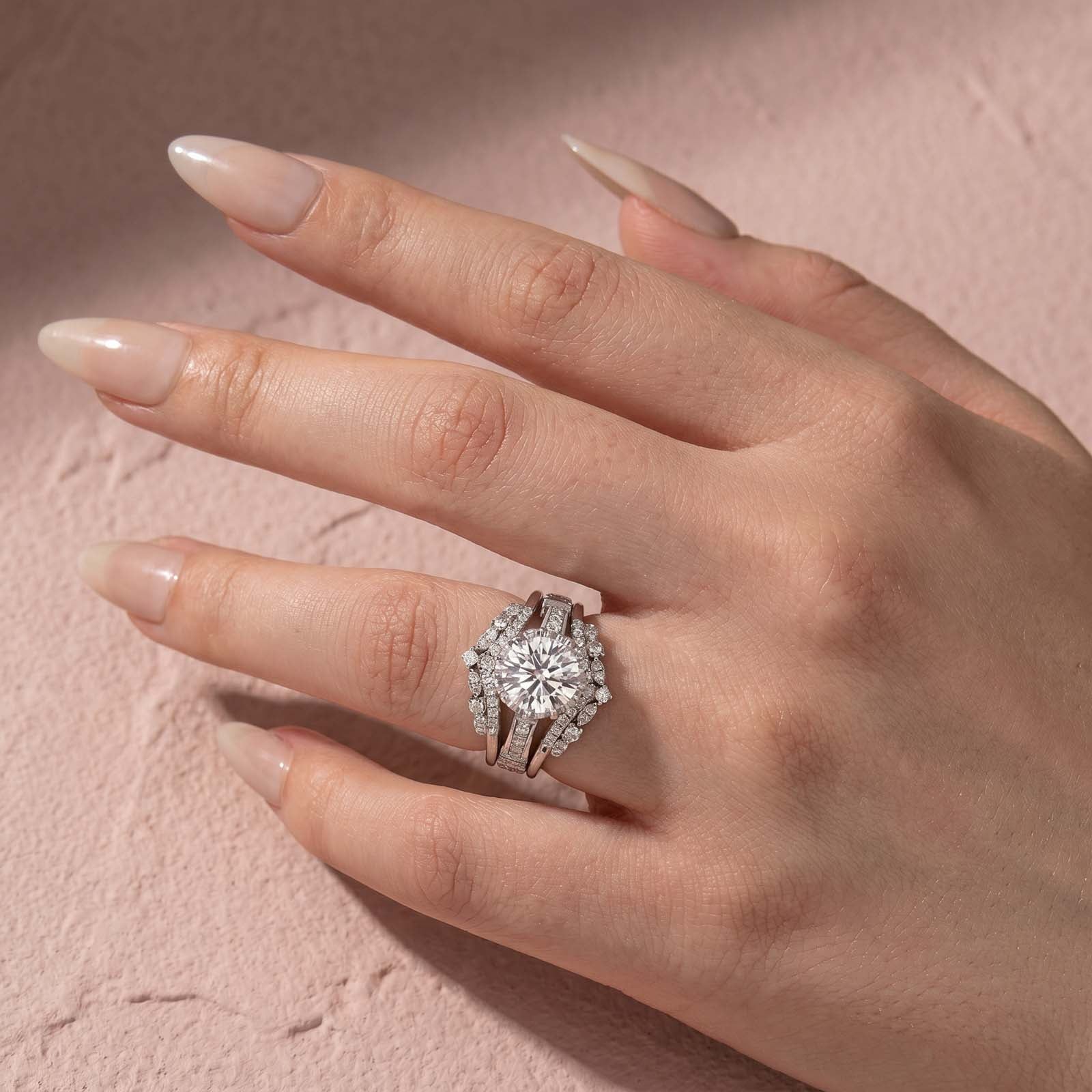 S925 Moissanite 2.0Ct Round Cut Engagement Ring with 1.65Ct Enhancer Wedding Band
