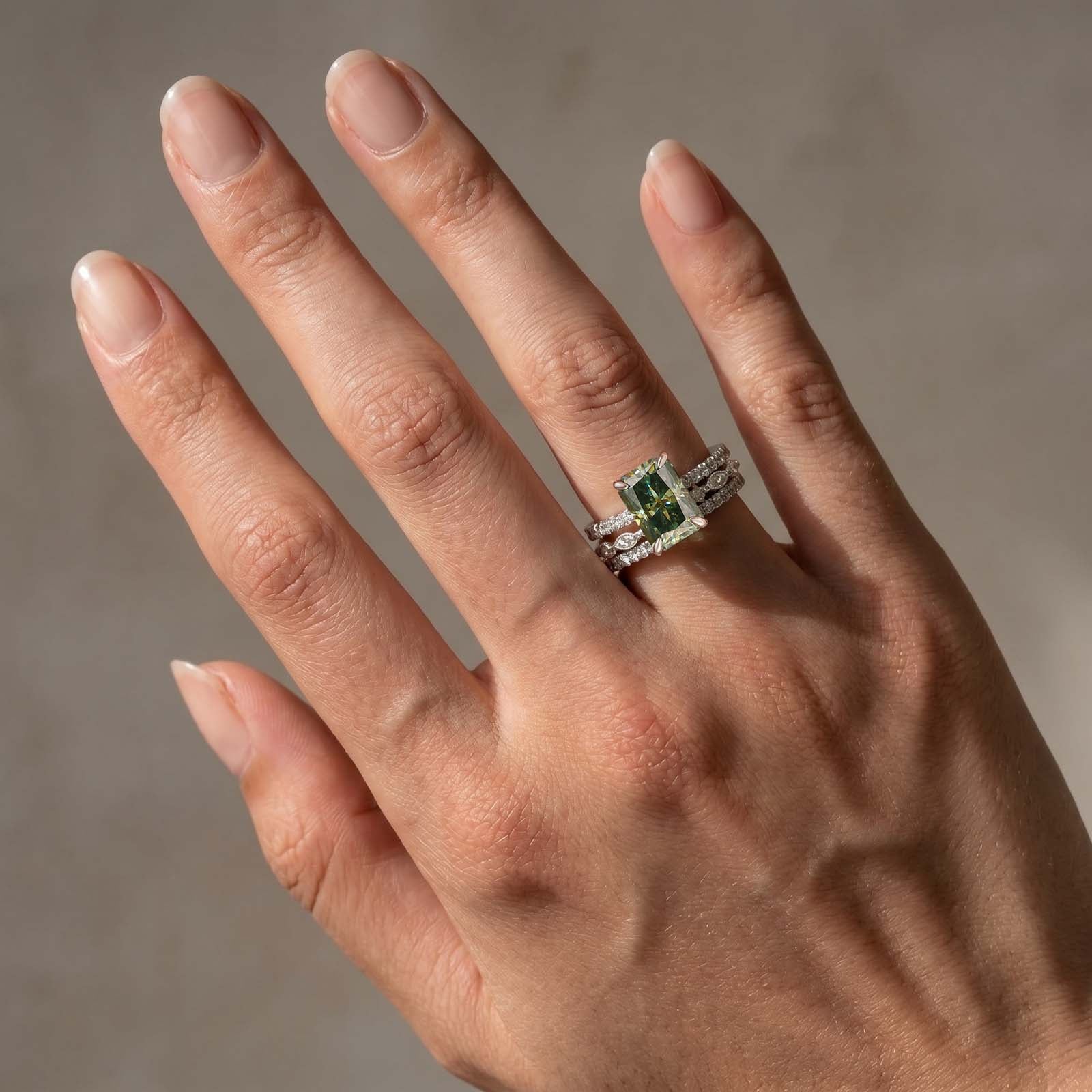 S925 Moissanite 3.5Ct Radiant Cut Green Engagement Ring with Round & Marquise Accents Bands Stackable Ring Set