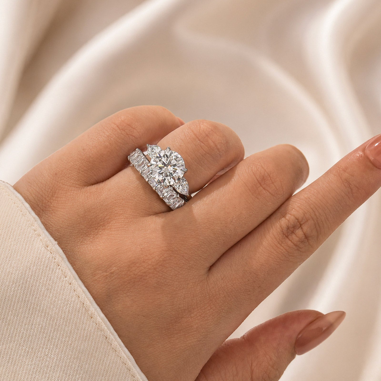 S925 Moissanite 4.0Ct Round Cut Three Stone Stackable Statement Wedding Ring Set Travel Rings