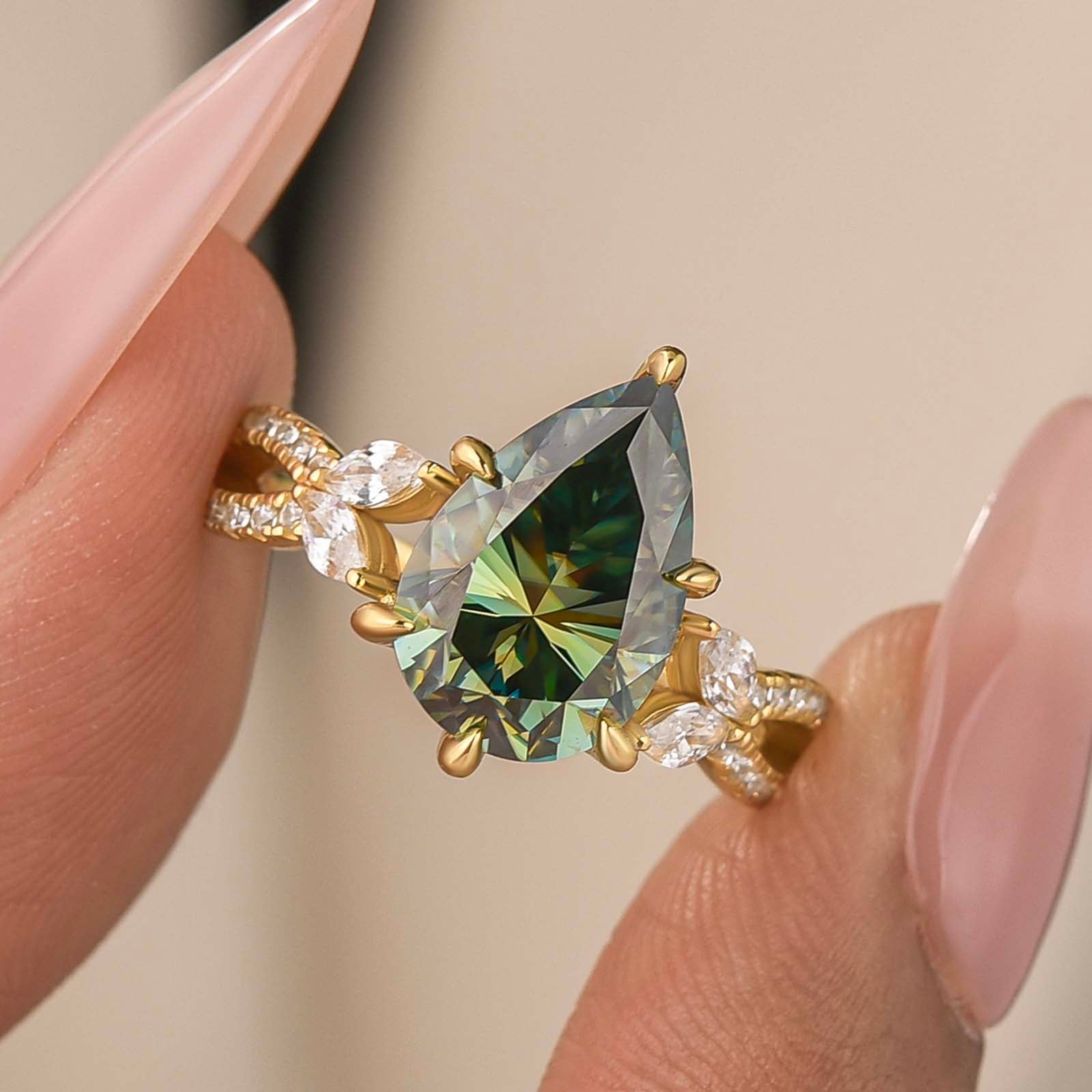 S925 Moissanite 3.5Ct Split Shank Floral Green Stone Engagement Ring Everyday Wearable Ring