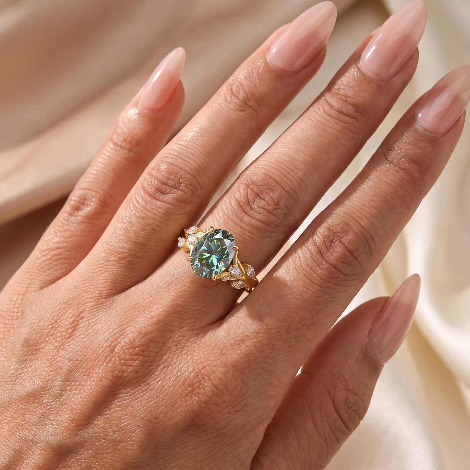 S925 Moissanite 3.5 Oval Vine Green Stone Nature-Inspired Ring For Daily Wear