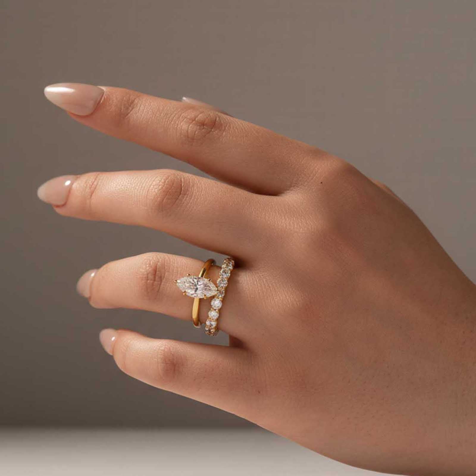 S925 Moissanite 2.0Ct Marquise Cut Hidden Halo White Gold Engagement Ring with Pavé Eternity Ring