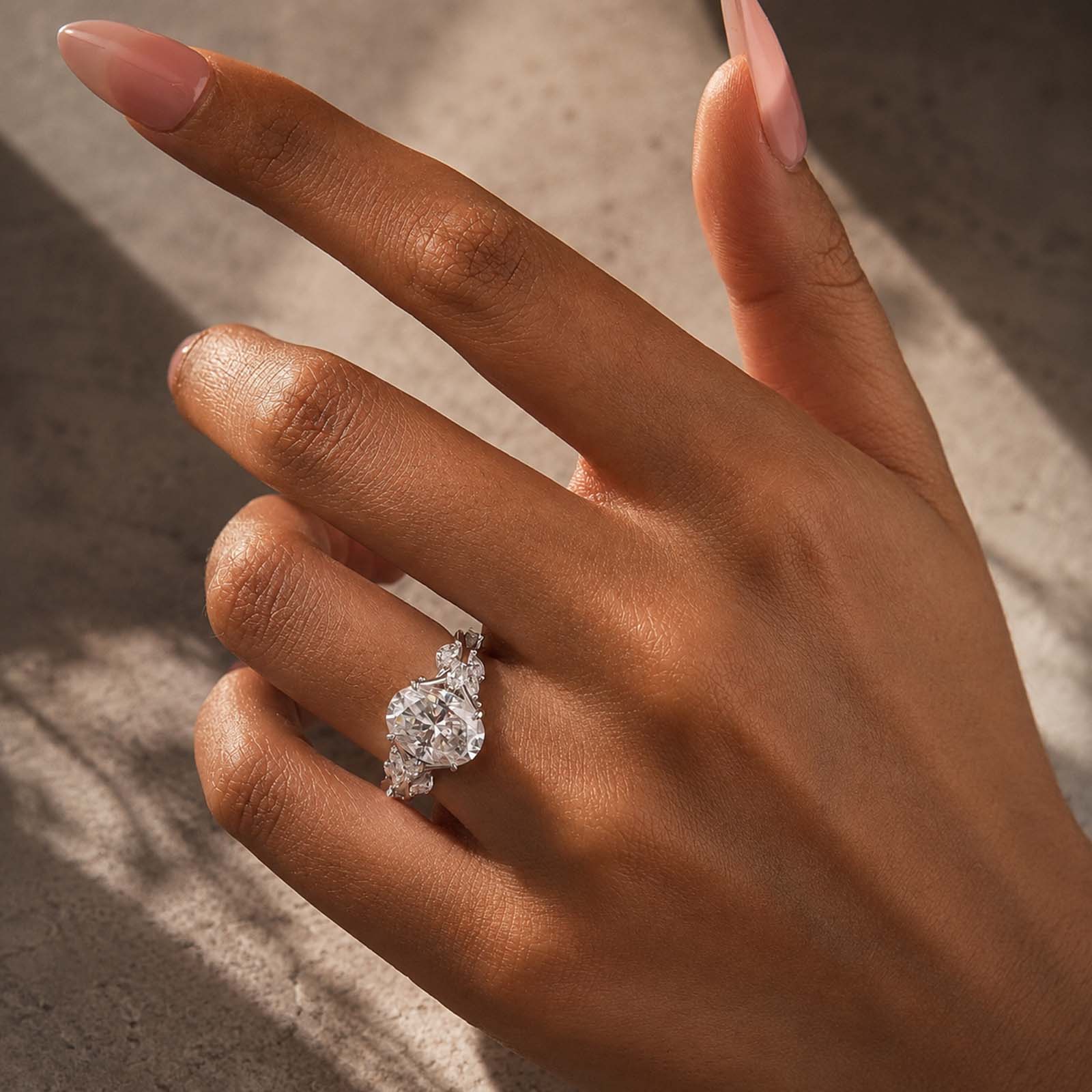 S925 Moissanite 3.0Ct Oval Cut Side Stone Twist Nature-Inspired Engagement Ring In Sterling Silver