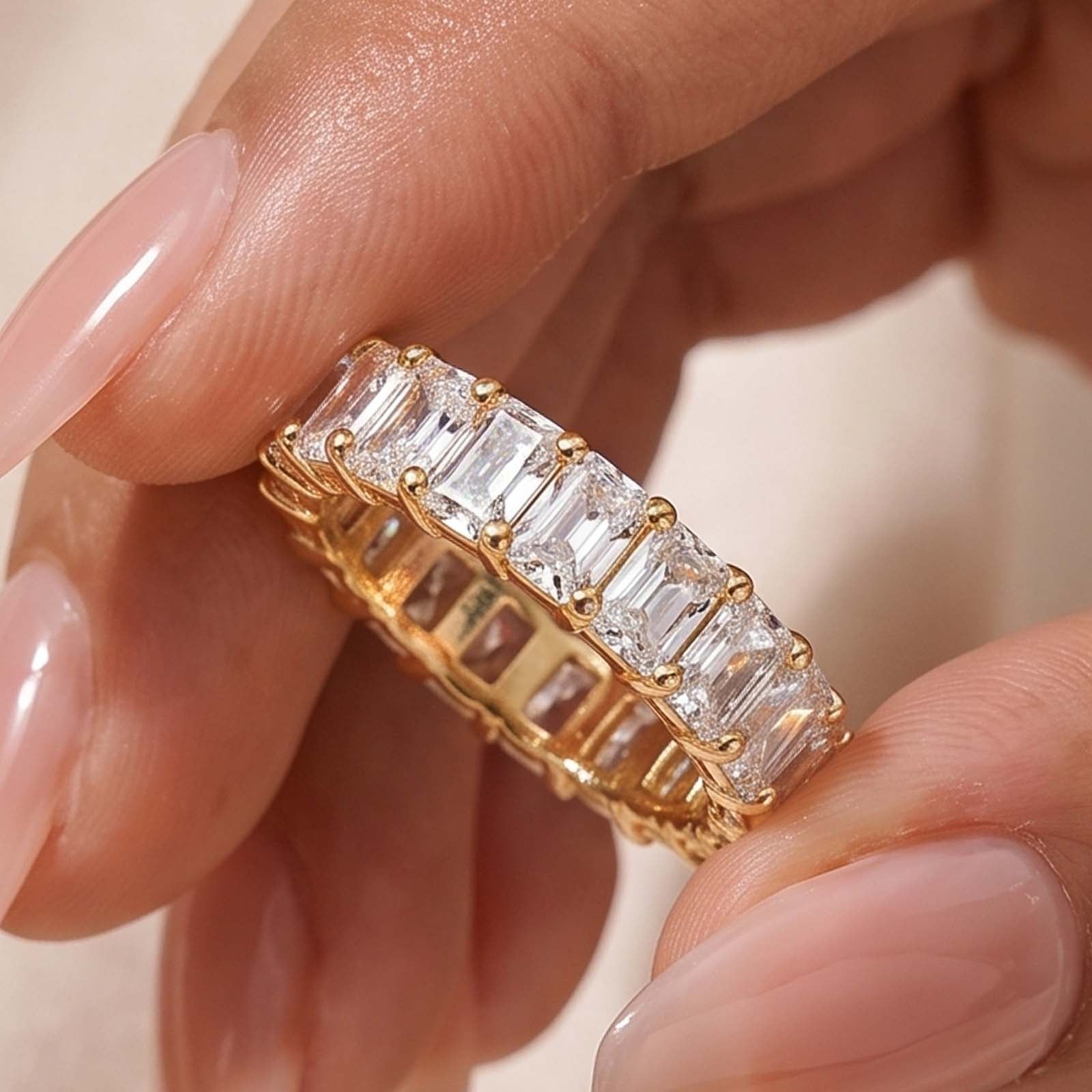 S925 Moissanite 3.5Ct Radiant Cut Full Eternity Wedding Band Stackable Statement Ring For Her