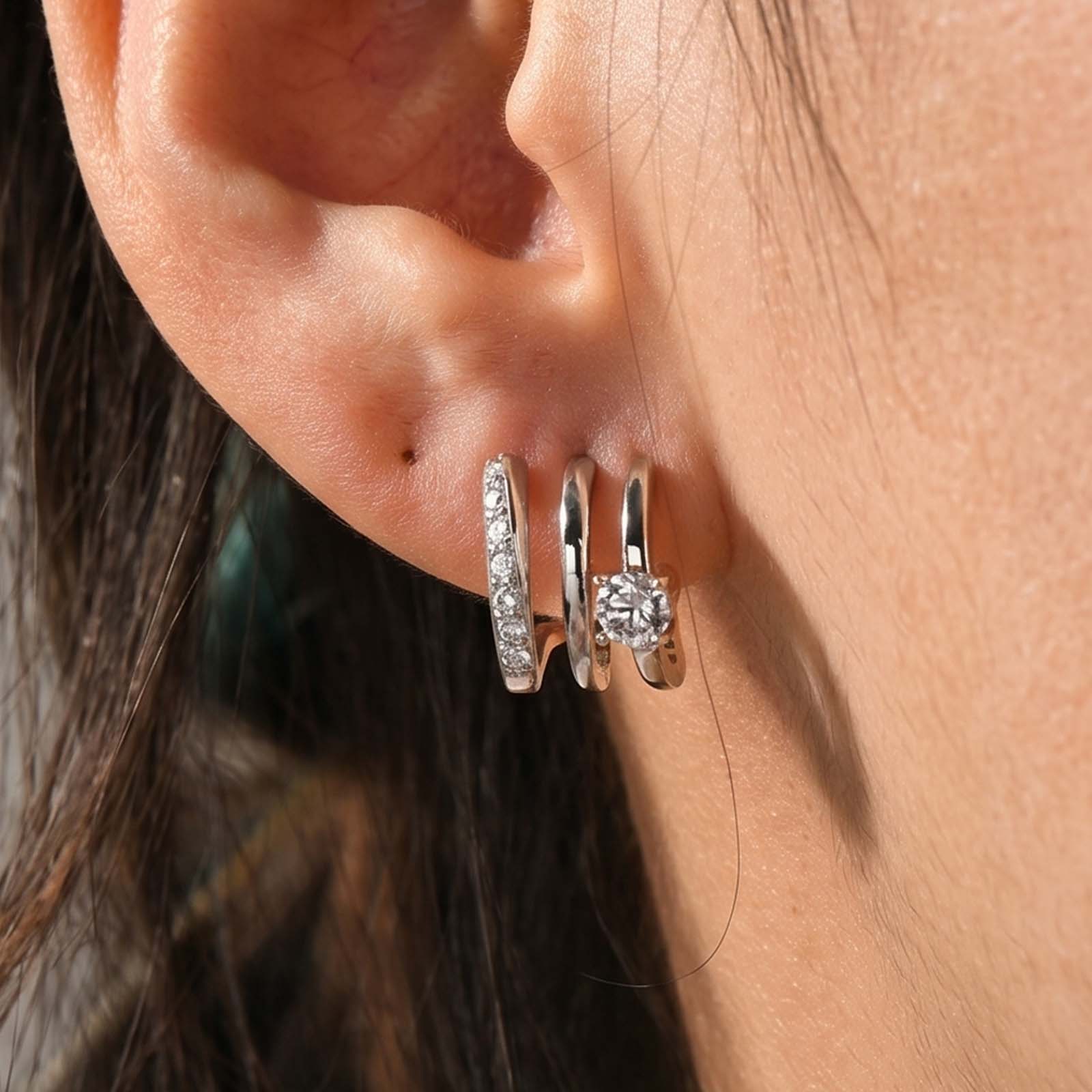 S925 Moissanite 0.1Ct*2pc Round Cut Triple-Band Hoop Earrings Travel Earrings