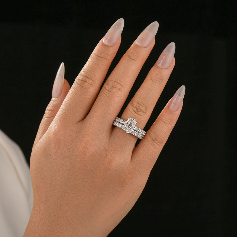 S925 Moissanite 3.0Ct Oval Cut Side Stone White Gold Engagement Ring & 2.5Ct Pavé Eternity Ring For Everyday Wear