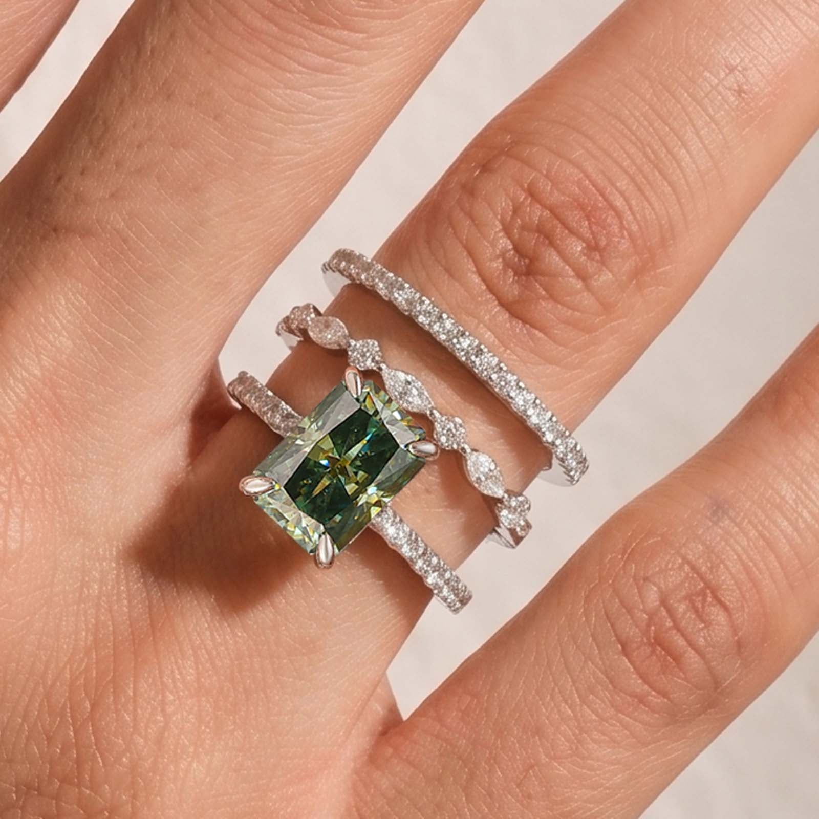 S925 Moissanite 3.5Ct Radiant Cut Green Engagement Ring with Round & Marquise Accents Bands Stackable Ring Set