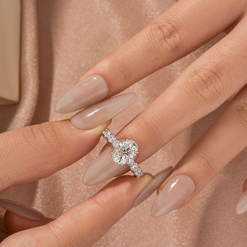 S925 Moissanite 2.5Ct~4.0Ct Oval Cut Hidden Halo White Gold Moissanite Diamond Engagement Ring