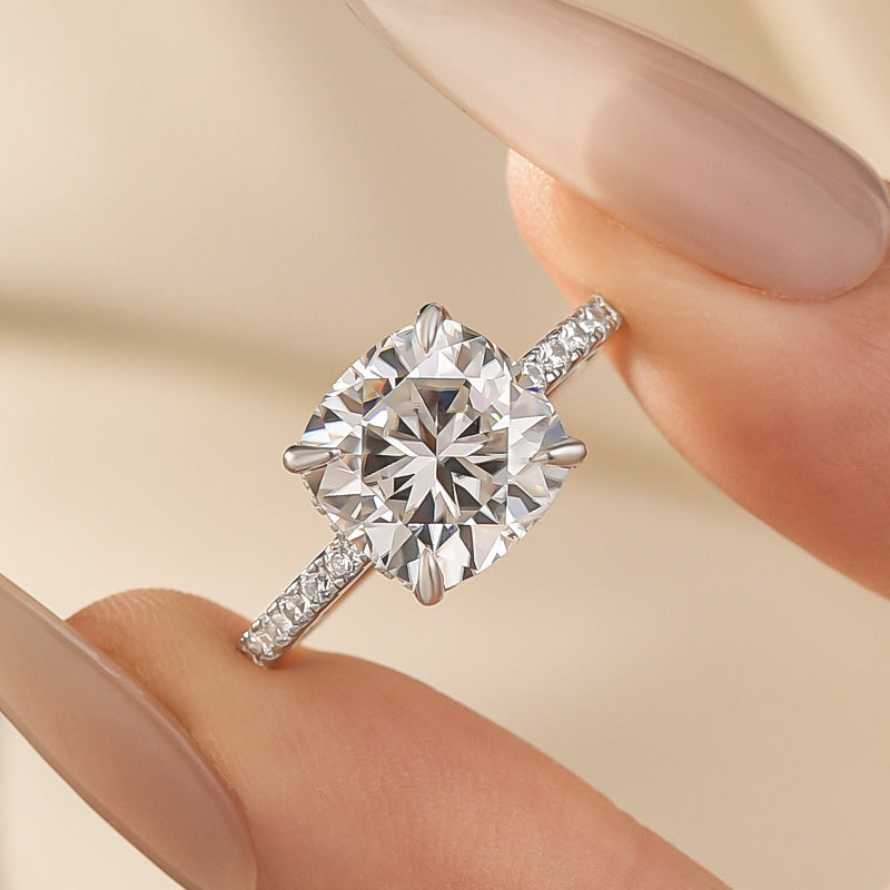 S925 Moissanite 3.5Ct Cushion Cut Hidden Halo Engagement Ring in Sterling Silver